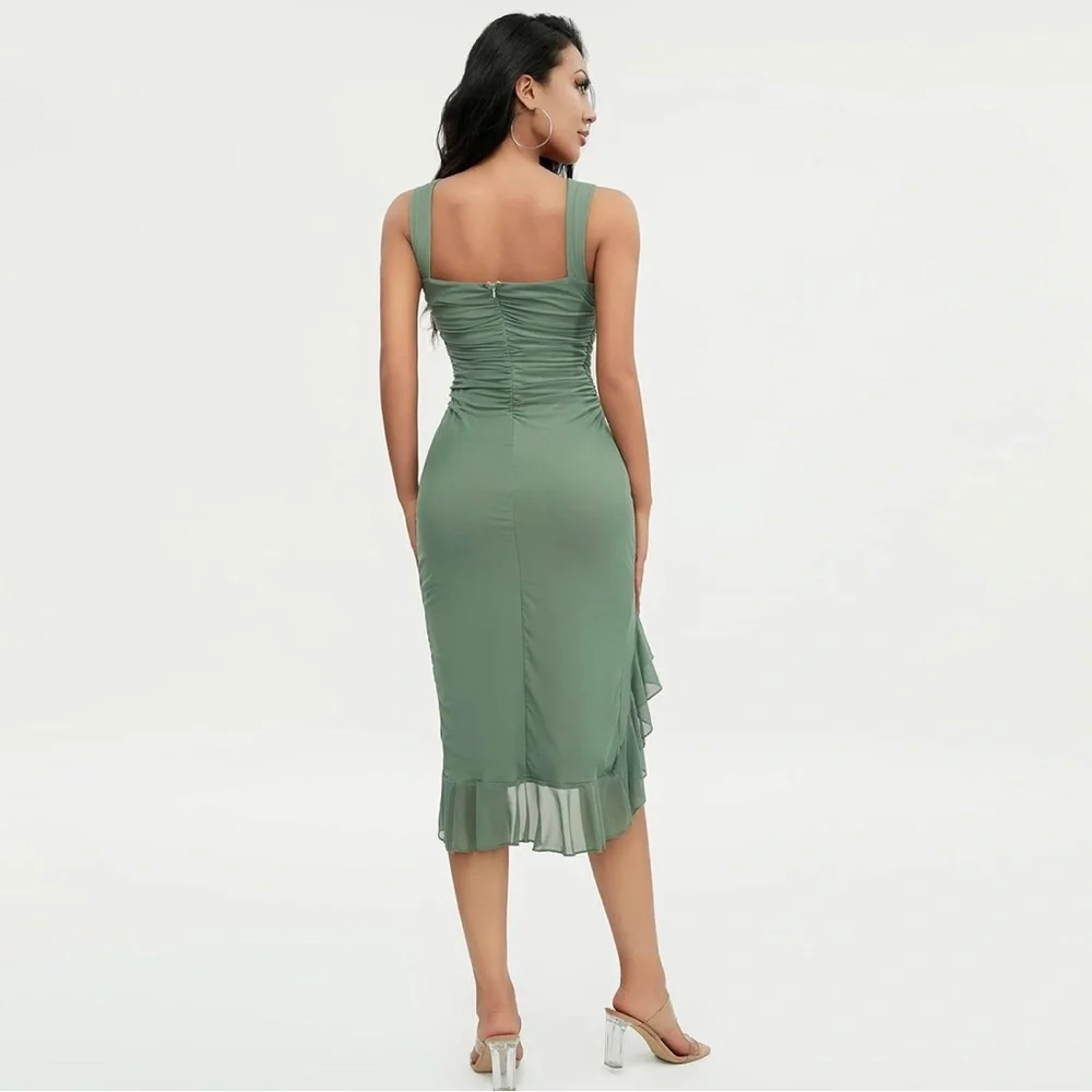 Green Midi Ruched Ruffle Dress - Picture 6 of 9